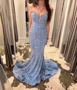 portia & scarlett Blue Size 2 Sequined Prom Floor Length Jewelled Train Dress on Queenly