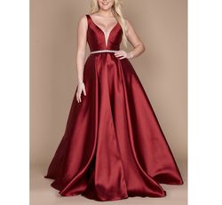 Style  Burgundy Sleeveless V-neck Rhinestone & Satin A-line Gown Dylan & David Red Size 10 Jewelled Plus Size Ball gown on Queenly
