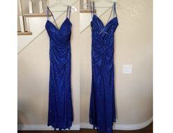 Style Royal Blue Sequined & Rhinestone Sweetheart Neckline Formal Gown Dylan & David Blue Size 6 Wedding Guest Spaghetti Strap Pageant Sequin Side slit Dress on Queenly
