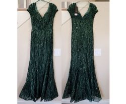 Style Emerald Green Beaded Metallic Short Sleeve Trumpet Gown Bicici & Coty Green Size 6 Sleeves Emerald Bicici And Coty $300 Mermaid Dress on Queenly