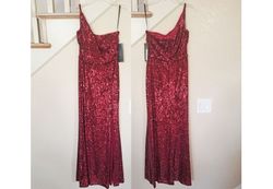 Style Burgundy One Shoulder Sequined Sheath Gown EVA Red Size 6 Floor Length Black Tie Side slit Dress on Queenly
