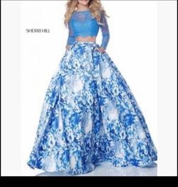 Sherri Hill Blue Size 4 Floral Flare Ball gown on Queenly