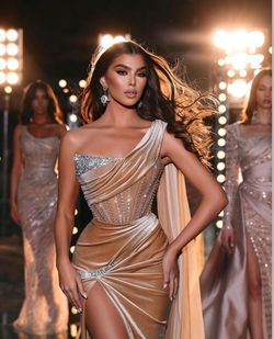 Custom made Nude Size 4 Jewelled Cape Side slit Dress on Queenly