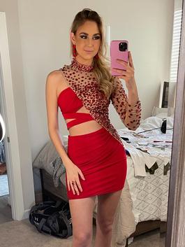 Sherri Hill Red Size 4 Euphoria Sheer Cocktail Dress on Queenly