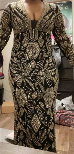 Sherri Hill Black Tie Size 6 Long Sleeve Pattern Floor Length Straight Dress on Queenly