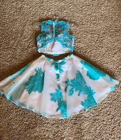 Morilee by Madeline Gardner Light Blue Size 2 Floral Appearance Two Piece Sheer A-line Dress on Queenly