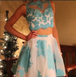 Morilee by Madeline Gardner Light Blue Size 2 Floral Appearance Two Piece Sheer A-line Dress on Queenly