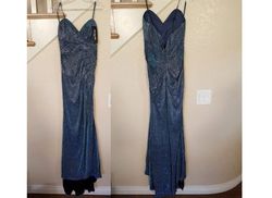 Style Sweetheart Neck Strapless Iridescent Metallic Gown Cinderella Divine Blue Size 8 $300 Prom Train Side slit Dress on Queenly