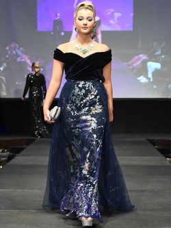 Style 8039 Marc Defang Blue Size 4 Overskirt Custom Velvet Floor Length Mermaid Dress on Queenly