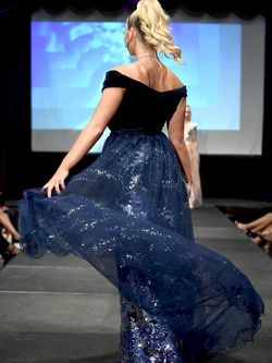 Style 8039 Marc Defang Blue Size 8 Overskirt Custom Pageant Velvet Mermaid Dress on Queenly
