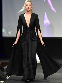 Style 9014 Marc Defang Black Size 00 Custom Cape V Neck Tall Height Straight Dress on Queenly