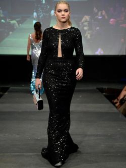 Style 8036 Marc Defang Black Size 14 Silk Train Sheer Long Sleeve Mermaid Dress on Queenly