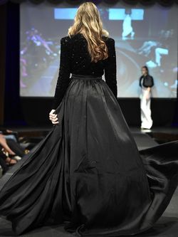 Style 9015 Marc Defang Black Size 10 Custom Silk Floor Length Sheer Long Sleeve Side slit Dress on Queenly