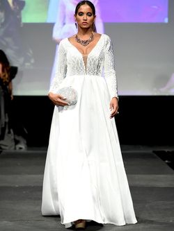 Style 8043 Marc Defang White Size 00 Floor Length Sheer Long Sleeve A-line Dress on Queenly