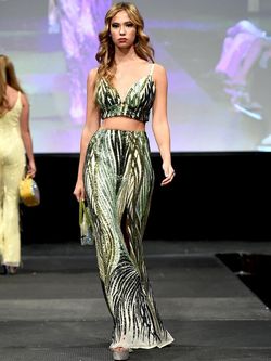 Style 9001 Marc Defang Green Size 00 Tall Height Two Piece Floor Length Military Pattern Mermaid Dress on Queenly