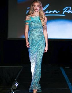 Style 8110 Marc Defang Blue Size 12 Feather Prom Mermaid Dress on Queenly