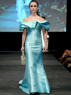 Style 8024 Marc Defang Blue Size 0 Turquoise Train Floor Length Mermaid Dress on Queenly
