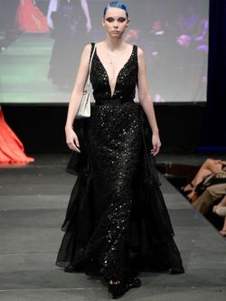 Style 8028 Marc Defang Black Size 12 Custom Silk Train Sheer Mermaid Dress on Queenly