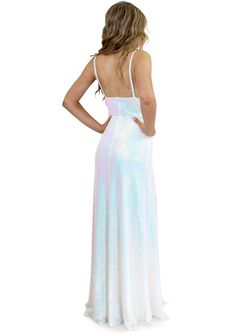 Style 8008 Marc Defang White Size 00 Prom V Neck Shiny Side slit Dress on Queenly