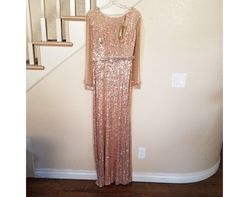 Style Rose Gold Sequined Beaded Long Sleeve Formal Gown Amelia Couture Gold Size 6 Black Tie Sequin Straight Dress on Queenly
