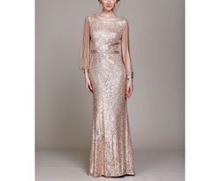 Style Rose Gold Sequined Beaded Long Sleeve Formal Gown Amelia Couture Gold Size 6 Sequined Floor Length Sleeves Straight Dress on Queenly