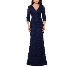 Style Navy Blue 3/4 Sleeve 3d Embroidered Floral Sheath Gown Xscape Blue Size 8 Embroidery Floral Jersey Straight Dress on Queenly
