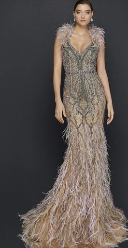 Terani Couture Nude Size 8 Floor Length Fully-beaded Feathers Mermaid Dress on Queenly