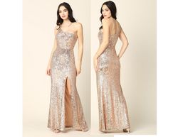 Style Rose Gold One Shoulder Sequined Ball Gown EVA Gold Size 8 Jersey $300 Floor Length Side slit Dress on Queenly
