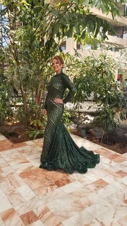 Jovani Dark Green Size 8 Sleeves Shiny Mermaid Dress on Queenly