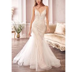 Style  Off White Tulle Chantilly Lace Beaded Mermaid Wedding Gown Cinderella Divine White Size 10 Floor Length Spaghetti Strap V Neck Mermaid Dress on Queenly