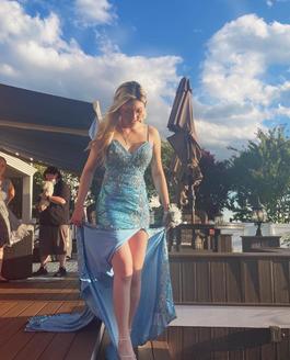 Scarlett by Portia & Scarlett Blue Size 8 Floor Length Sequin Backless Side slit Dress on Queenly