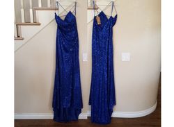 Style Royal Blue Sleeveless Sequin Ruched Front Slit Gown Amelia Couture Blue Size 10 Cut Out Black Tie Polyester Side slit Dress on Queenly
