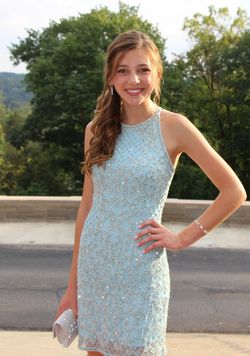 Sherri Hill Blue Size 00 Backless Lace Sorority Formal Shiny Cocktail Dress on Queenly