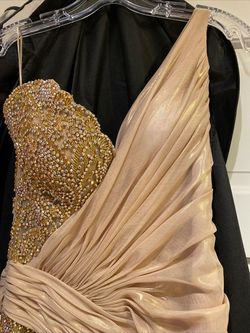 JOVANI Gold Size 6 Jewelled Winter Formal Sorority Formal Sheer Train Dress on Queenly