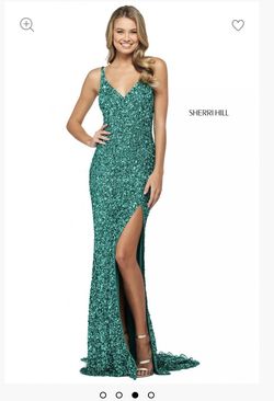 Sherri Hill Green Size 10 Side Slit Floor Length Fully-beaded Straight Dress on Queenly