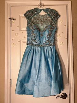 Sherri Hill Blue Size 12 Beaded Top Sheer Cocktail Dress on Queenly