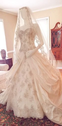 Style Dauphine Ian Stuart White Size 4 Floor Length Strapless Lace Ball gown on Queenly