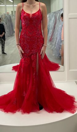 Rachel Allan Red Size 4 Boat Neck Embroidery Prom Floor Length Side slit Dress on Queenly