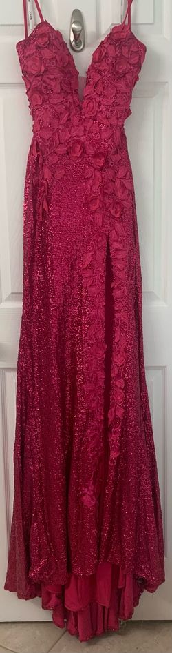 Jovani Hot Pink Size 2 Black Tie Embroidery Pageant Straight Dress on Queenly