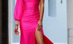 Sherri Hill Pink Size 4 Train Side Slit One Shoulder Bridesmaid Straight Dress on Queenly