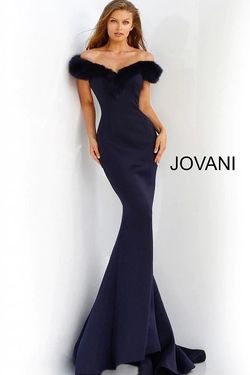 Jovani Blue Size 4 Feather Prom Navy Free Shipping Mermaid Dress on Queenly