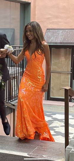 Jovani Orange Size 0 Floor Length Shiny Plunge Mermaid Dress on Queenly