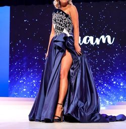 Jovani Couture Taffeta Gown Navy Blue Size 2 Velvet Beaded Top Train Dress on Queenly