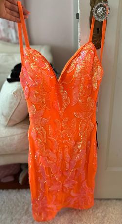 Jovani Orange Size 0 Homecoming Bodycon Sequined Spaghetti Strap Plunge Cocktail Dress on Queenly