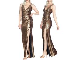 Style Gold Sequined Sleeveless Ruched Sheath Gown Dress The Population Gold Size 14 Plus Size $300 Floor Length Side slit Dress on Queenly