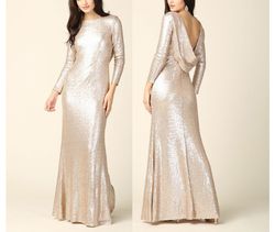 Style Champagne Sequin Long Sleeve Cowl Back Ball Gown EVA Nude Size 12 Jersey Plus Size Spandex Straight Dress on Queenly