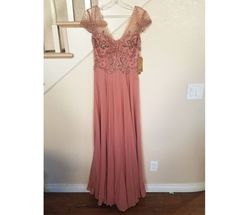 Style Rosy Brown Beaded Filigree Chiffon Short Sleeve Formal Gown Amelia Couture Pink Size 6 Wedding Guest Tulle Military Pageant A-line Dress on Queenly
