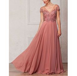 Style Rosy Brown Beaded Filigree Chiffon Short Sleeve Formal Gown Amelia Couture Pink Size 6 $300 Sequin Prom A-line Dress on Queenly
