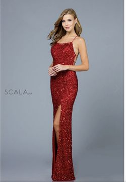 Style 60100 Scala Red Size 8 Sequin Black Tie Spaghetti Strap Straight Dress on Queenly