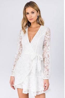 Style EKD2259 Fanco White Size 10 Bachelorette Tall Height Lace Mini Cocktail Dress on Queenly